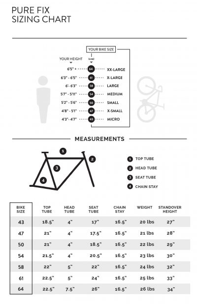Guide de taille de vélo - Purefix 2015 Bicycle Sizing Chart 400x615