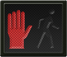 A pedestrian signal with a red hand