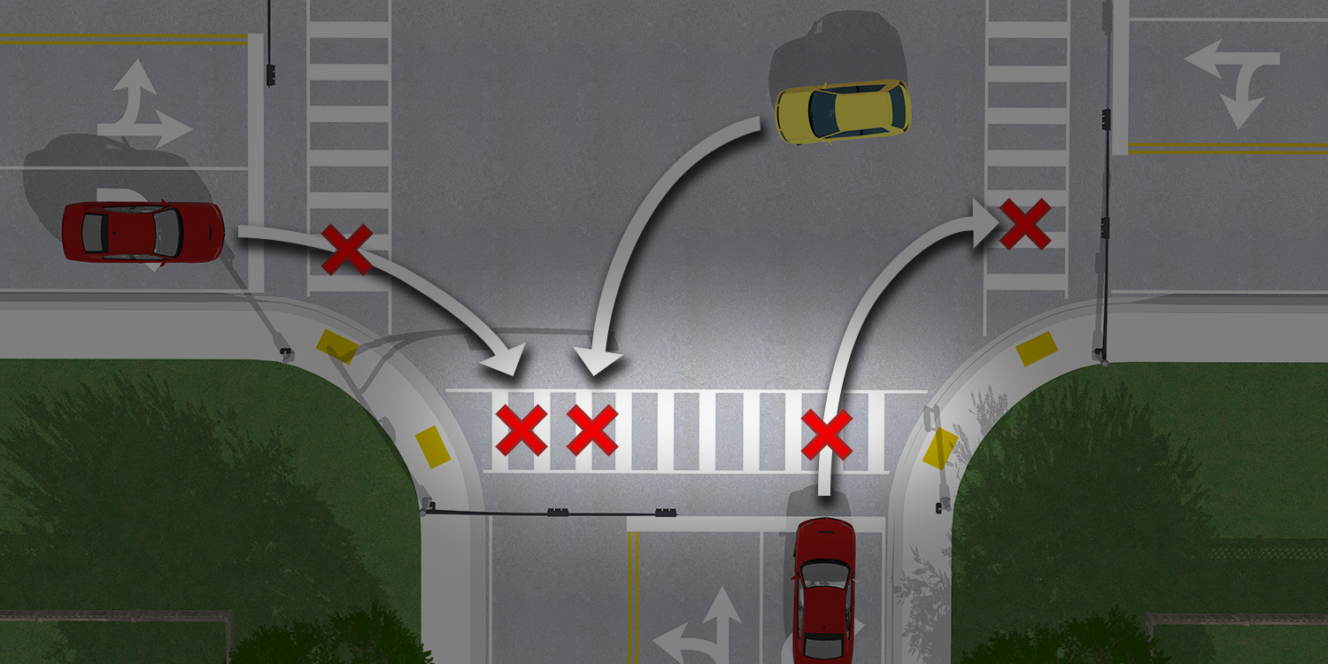 A birds eye view of the three locations that drivers turning right on red, or left on green, may violate a pedestrian's right of way during a WALK signal