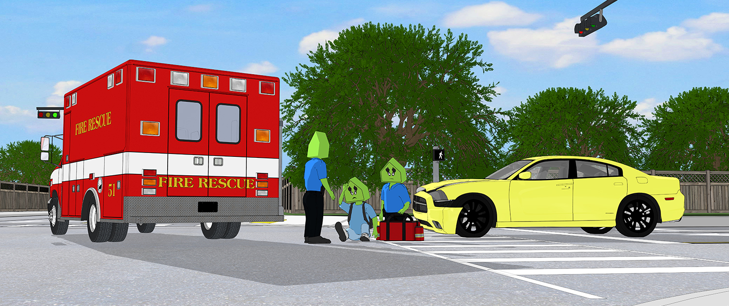 Two paramedics look over a child sitting down in the middle of an intersection. A car with a damaged bumper is nearby.