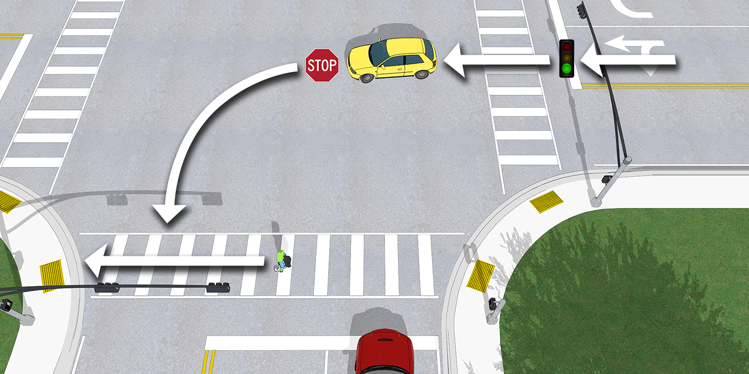 A scene showing how a driver making a left turn from a perpendicular street may cross the crosswalk on a WALK signal.