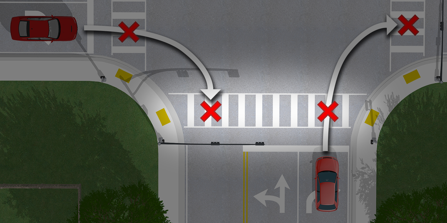 An overhead view showing the two places at each end of the crosswalk where someone turning right on red could hit a pedestrian