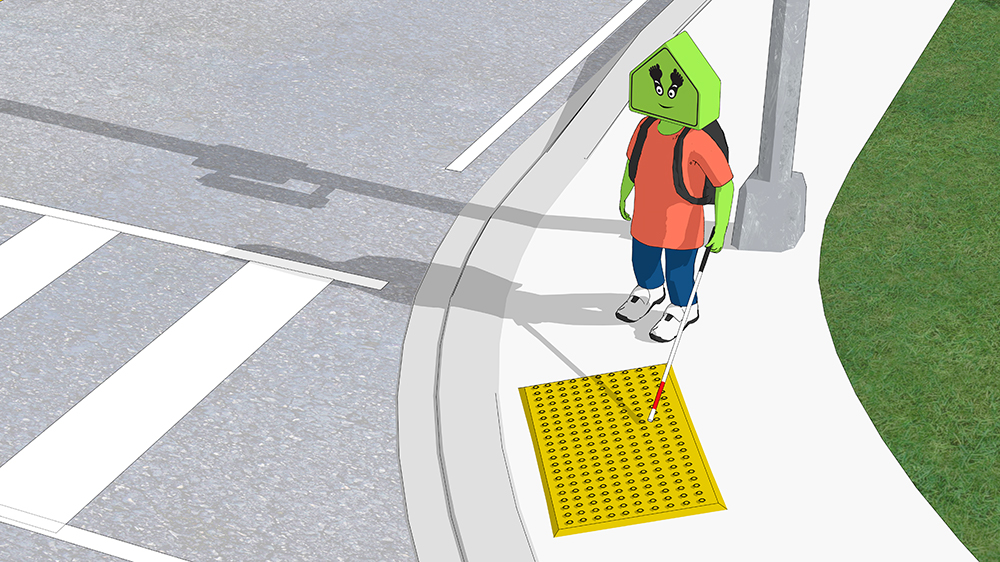 A child locating the tactile pavers with a white cane