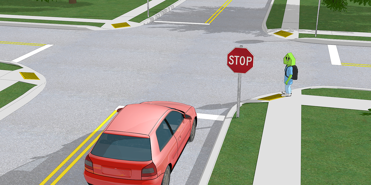 A simple, unsignalized 4-way stop intersection with no crosswalk markings