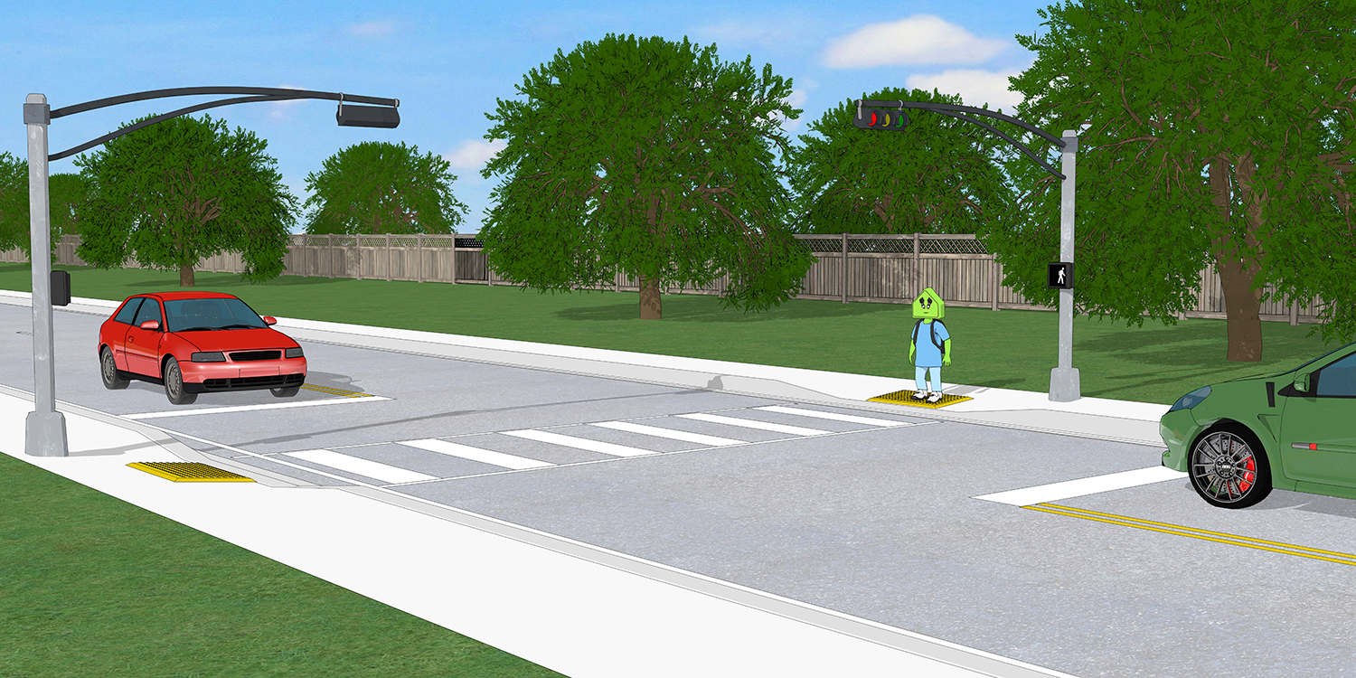 A simple, mid-block crosswalk with traffic lights