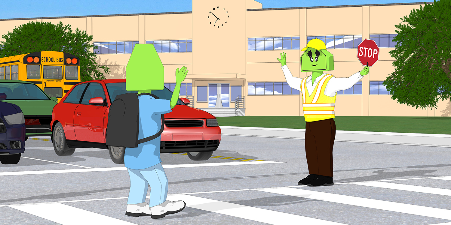 A child waves to a crossing guard as they cross the street