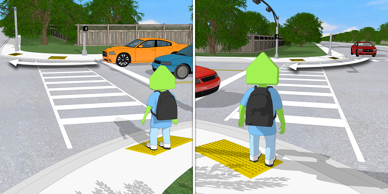 A scene showing how a pedestrian waiting to cross always has a car turning right on red to their right as well