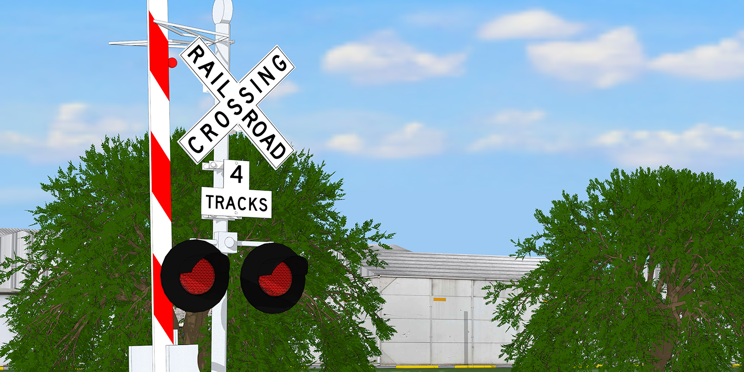 A railroad crossing with an additional sign denoting four tracks