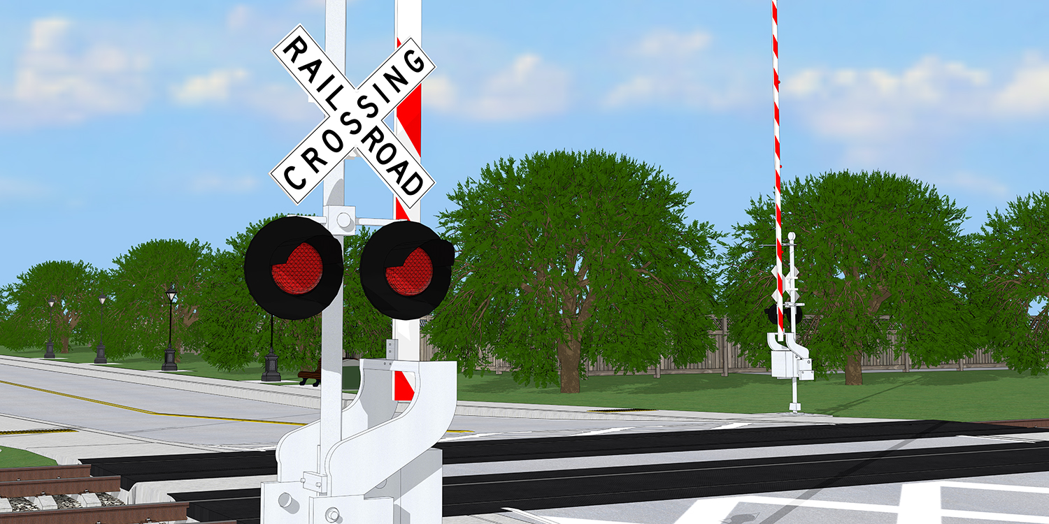 A railroad crossing symbol and gate