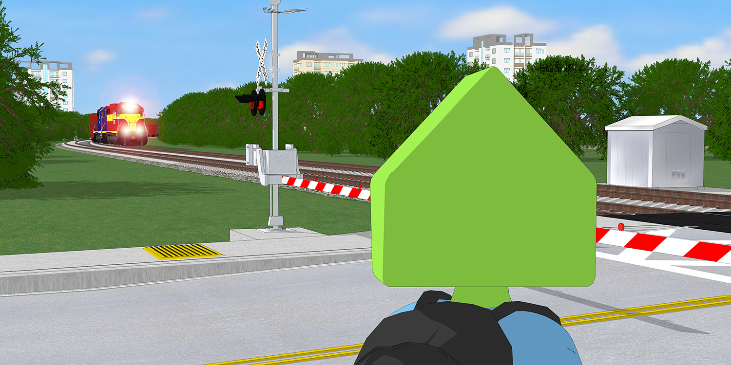 A child is waiting at the closed railroad crossing gates. A train approaches in the distance.