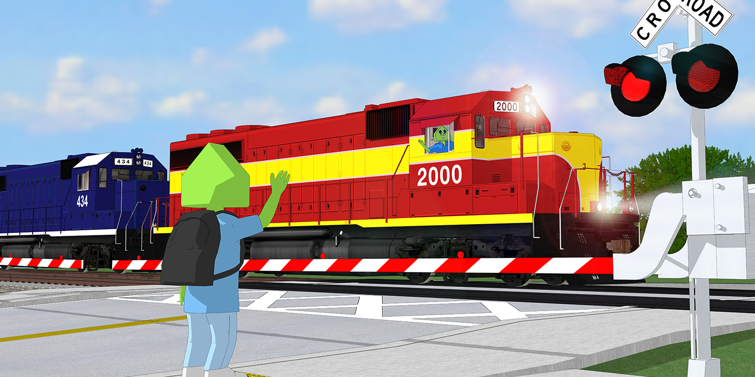 A child waves to the engineer of a passing train