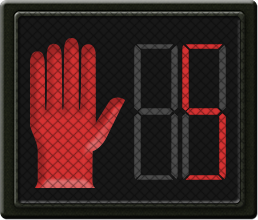 A pedestrian signal with a flashing red hand and a countdown